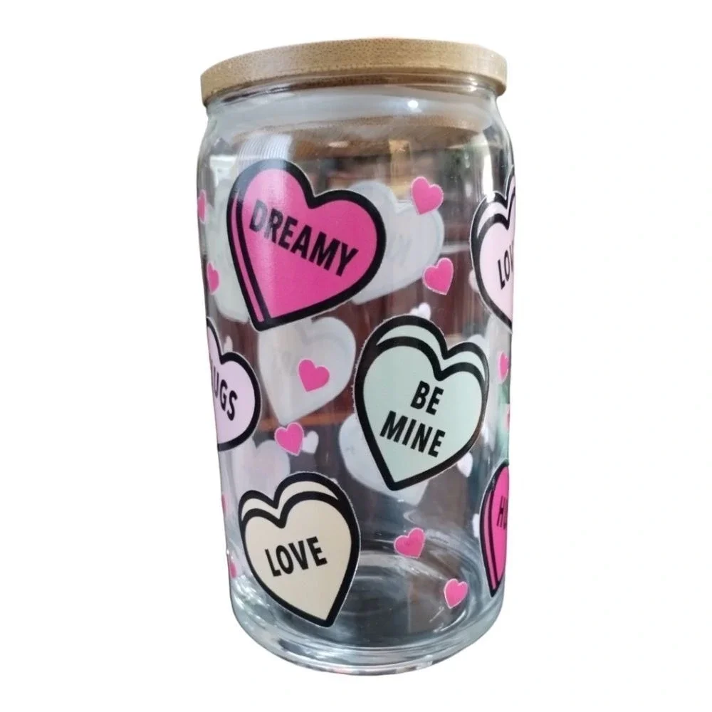 Conversation Heart Glass Can Cup Tumbler Valentine Day Gift Bamboo Lid UVDTF